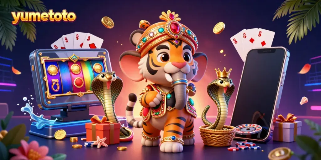 Experience the excitement of yumetoto as the marvellous maharaja tiger rides an elephant surrounded by vibrant casino elements.