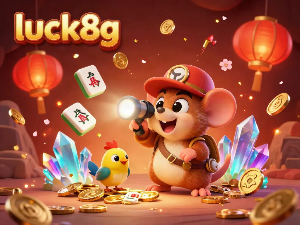 Engage with the luck8g gaming universe in this vibrant 3D illustration of festive treasures and lively casino elements.