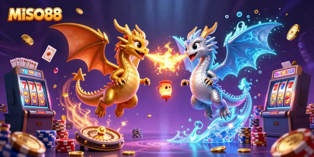 Witness the thrilling MISO88 gaming experience with gold and silver dragons amidst dynamic casino elements.