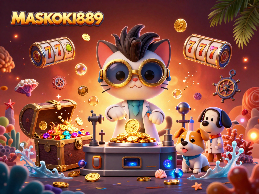Engage in the world of MASKOKI889 with vibrant, detailed casino elements and characters in an exciting 3D scene.