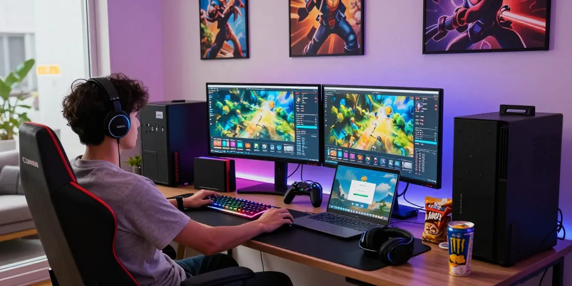 Dynamic gaming workspace with pokemontoto login setup and colorful monitors