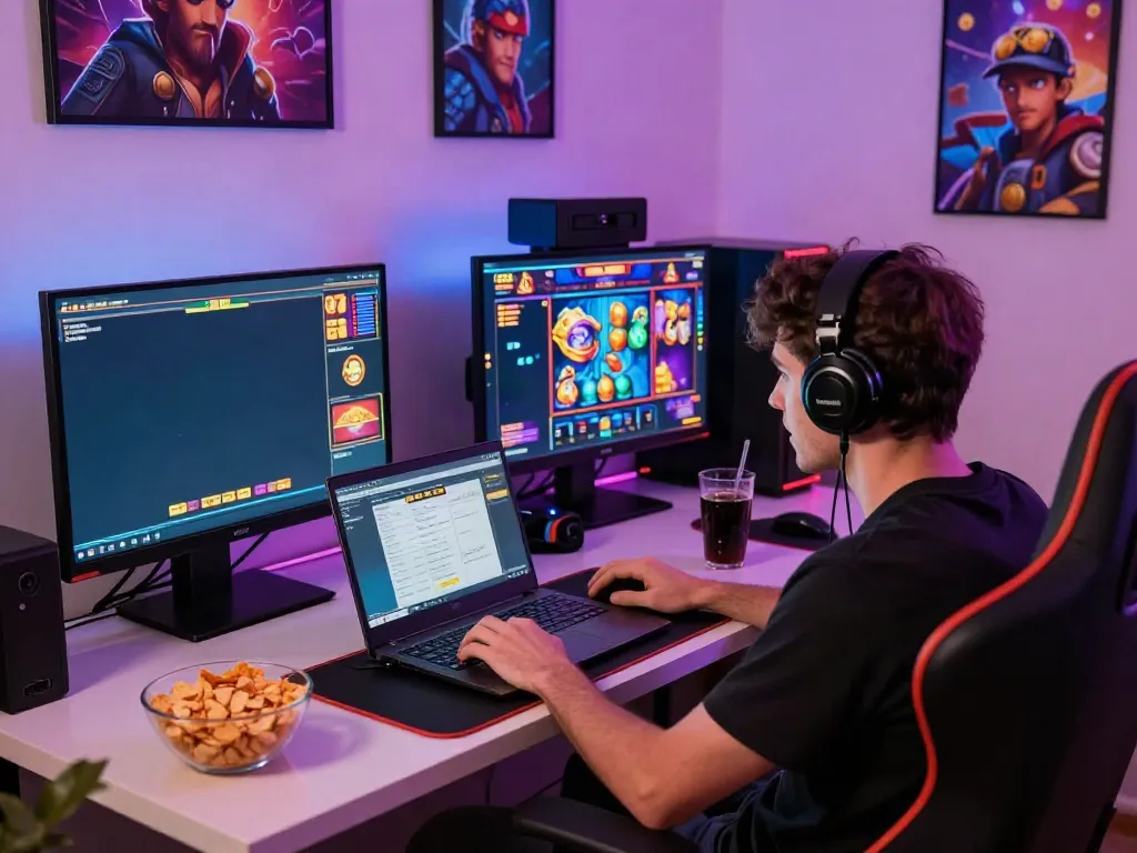 Excited player engaging with cikaslot online gaming on a laptop surrounded by snacks.
