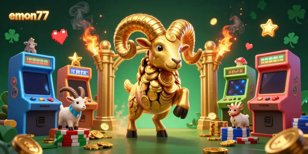 Experience the thrill of emon77 with the golden ram charging through a vibrant casino gaming scene.