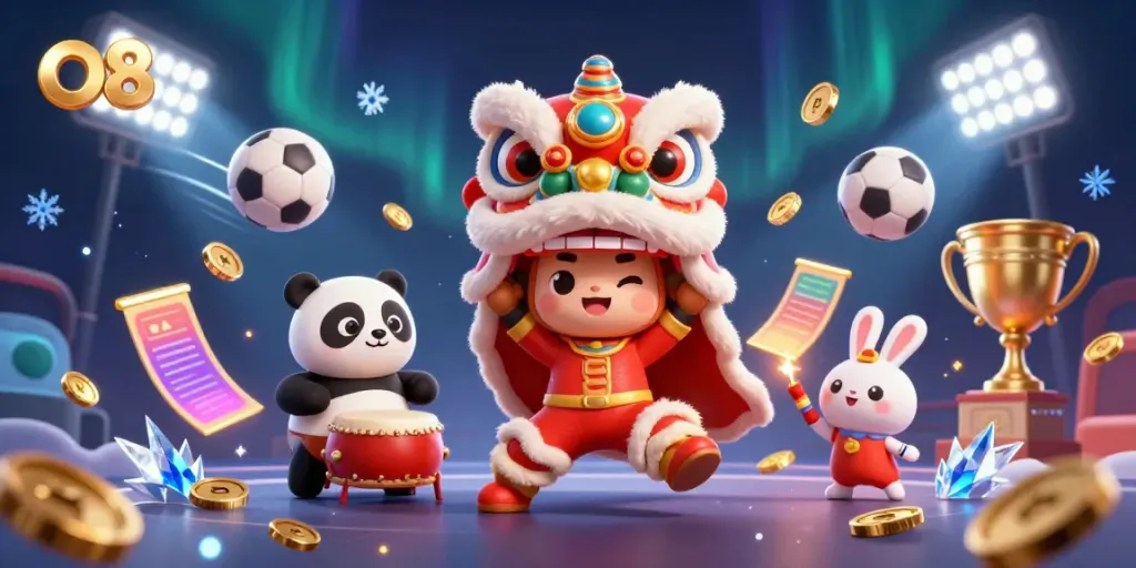 Experience the excitement of O8 with a colorful lion dance and dynamic sports visuals, igniting online gambling thrill.