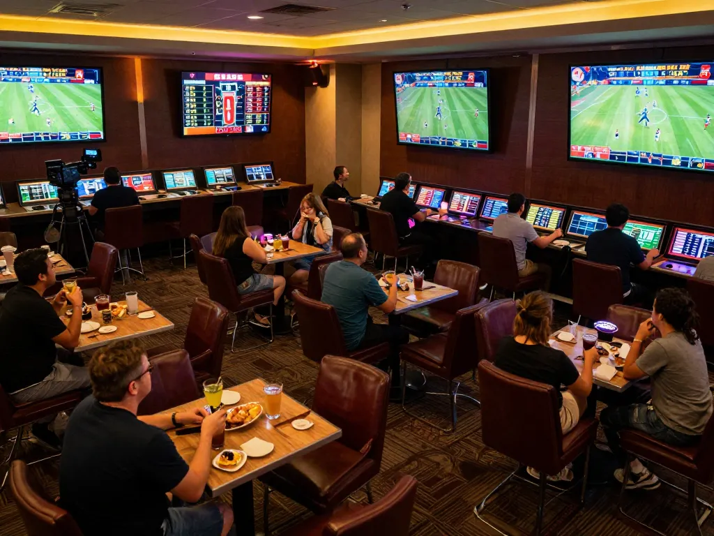 Excited patrons placing bets at 23WIN's vibrant sports betting lounge with live games displayed