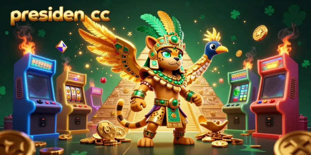 Experience thrilling gameplay with presiden cc in this vibrant 3D casino illustration featuring characters and gaming elements.