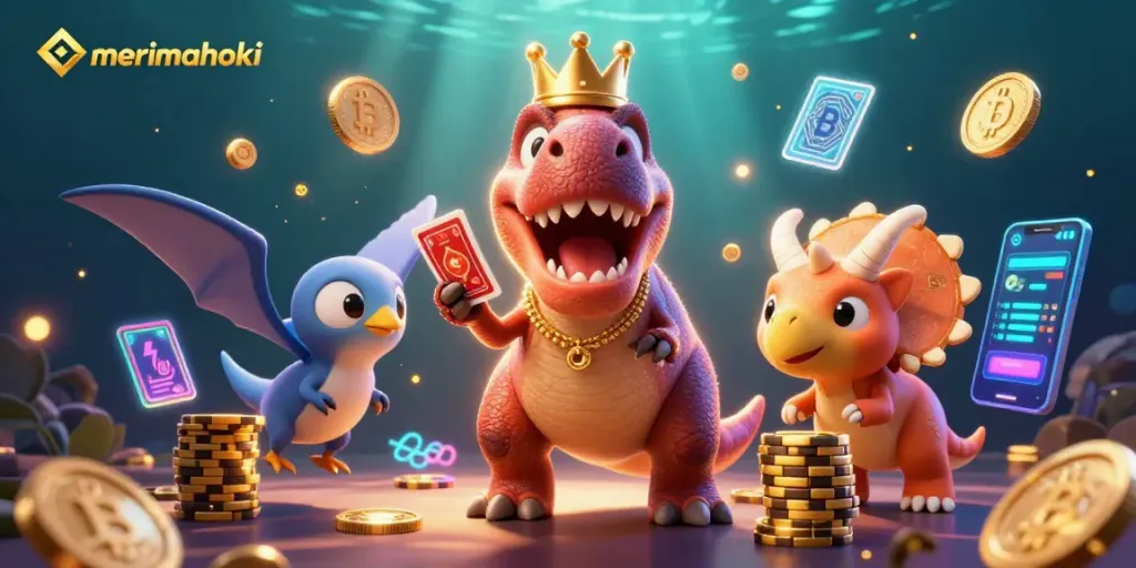 Mainkan slot di merimahoki dengan karakter dinosaurus lucu dan elemen kripto yang menarik.