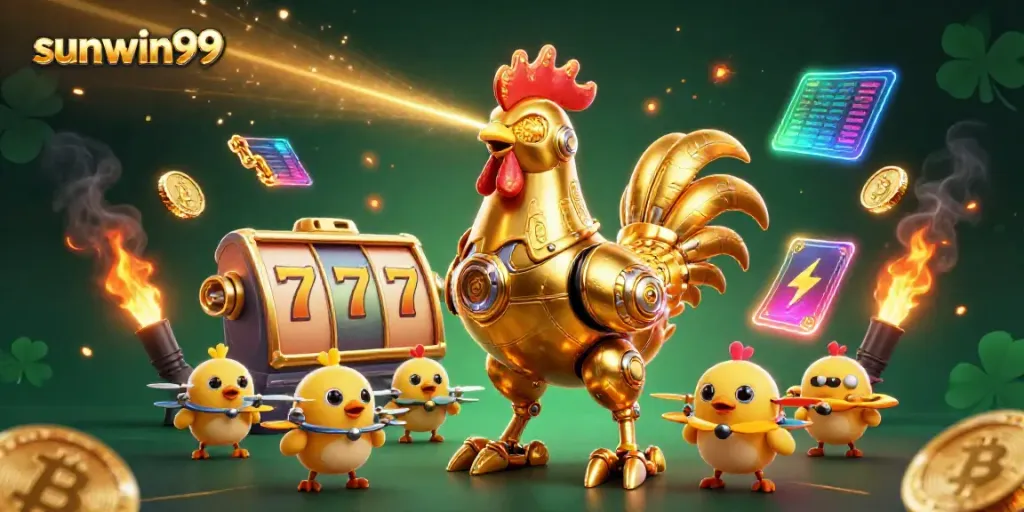 Engage in thrilling gaming experiences at sunwin99 with dynamic retro-futuristic characters and vibrant casino elements.
