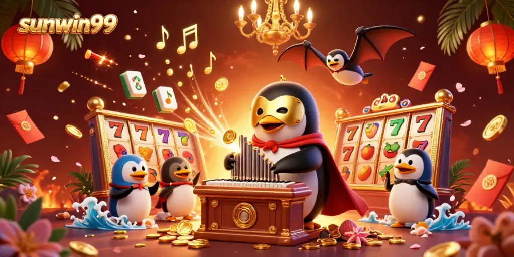 Experience the excitement of sunwin99 with a vibrant 3D casino scene featuring animated characters and slot elements.
