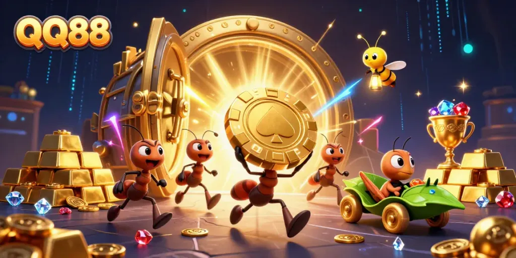 Engage in thrilling gaming with QQ88 as animated ants embark on a heist for a massive poker chip.