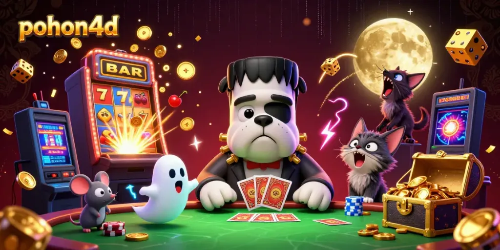Pohon4D's vibrant 3D scene showcases unique characters like a Frankenstein bulldog and a werewolf kitten engaging in an electrifying casino ambiance.