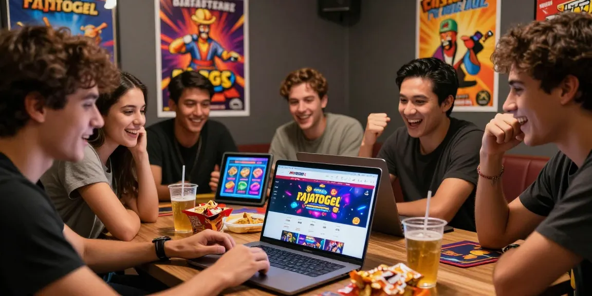 Grup teman menikmati bermain rajatogel online dengan laptop dan suasana ceria.