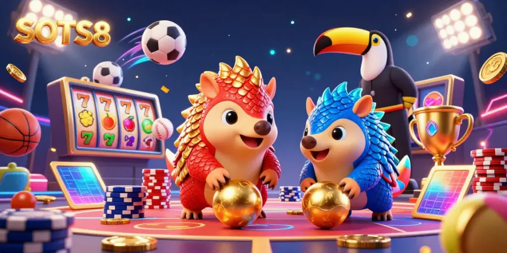SLOTS8 showcases a vibrant 3D scene with competitive pangolins and slot elements amidst dynamic sports balls.