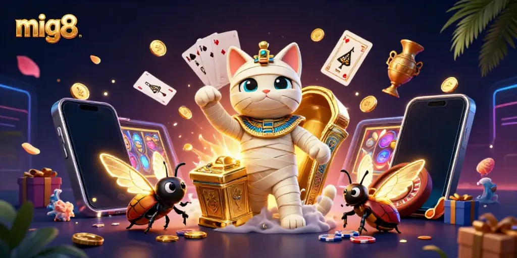 Experience exciting gameplay at mig8 with a cartoon Egyptian mummy cat and golden casino elements.
