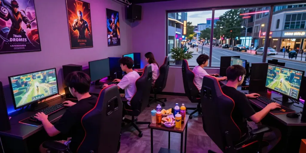 Engaged gamers in a lively gaming lounge showcasing the competitive spirit of 78win.