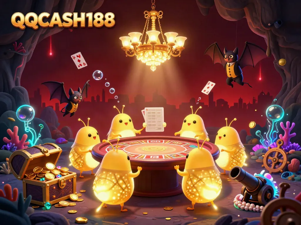 Experience the thrilling ambiance of QQCASH188 with bioluminescent glowworms illuminating a vibrant cave casino.