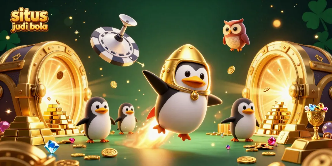 Experience situs judi bola excitement with a rocket-powered penguin soaring towards a vibrant casino.