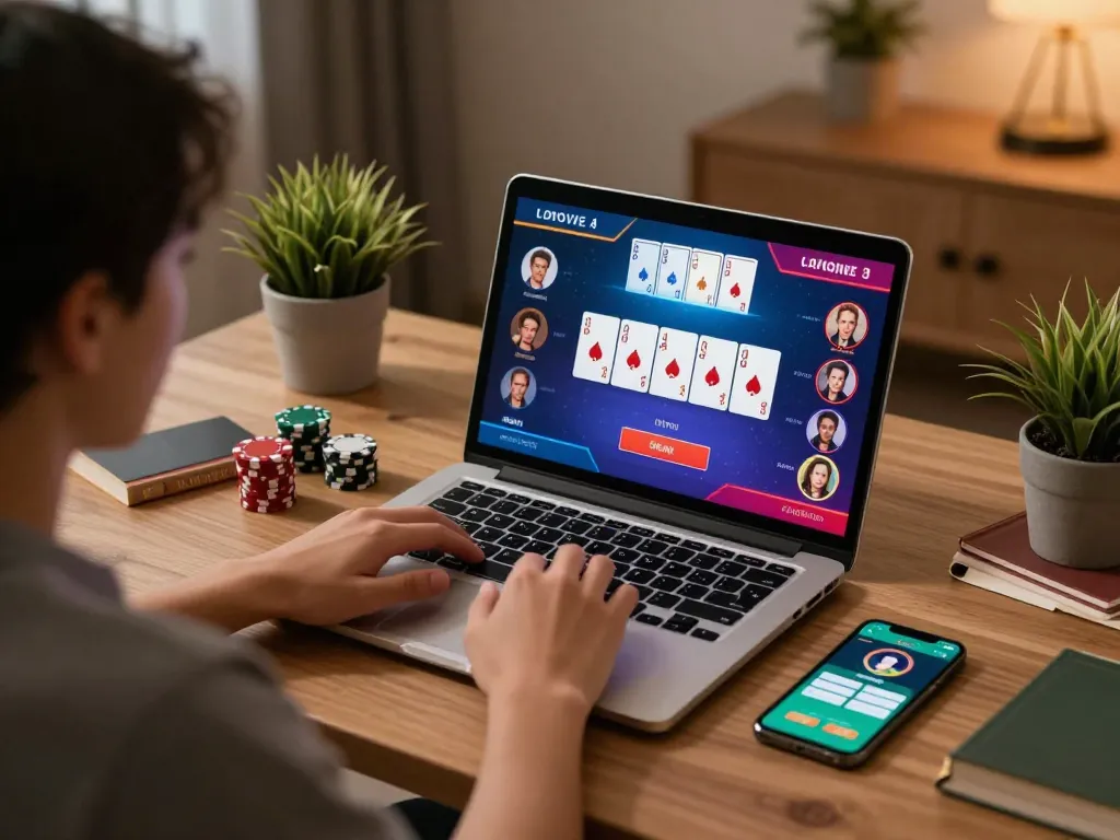 Engaging online poker session on 789betpa, featuring a well-set home desk and strategy tools for responsible gambling.
