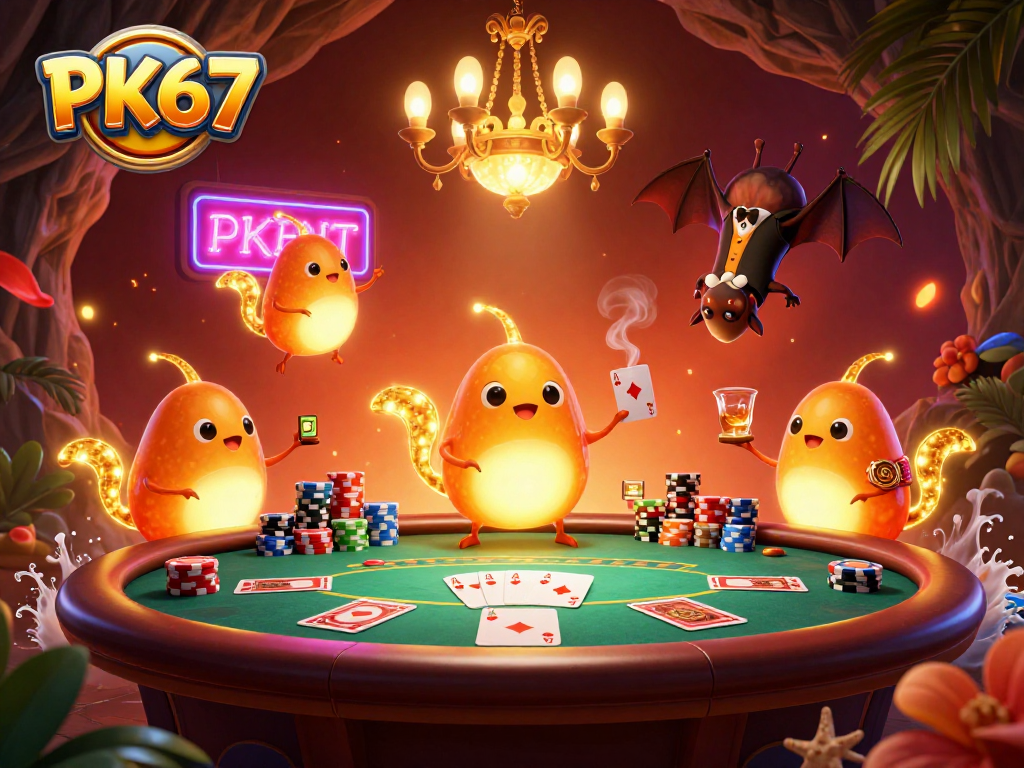 Experience thrilling poker action at PK67 with dazzling glowworms lighting a vibrant casino scene.