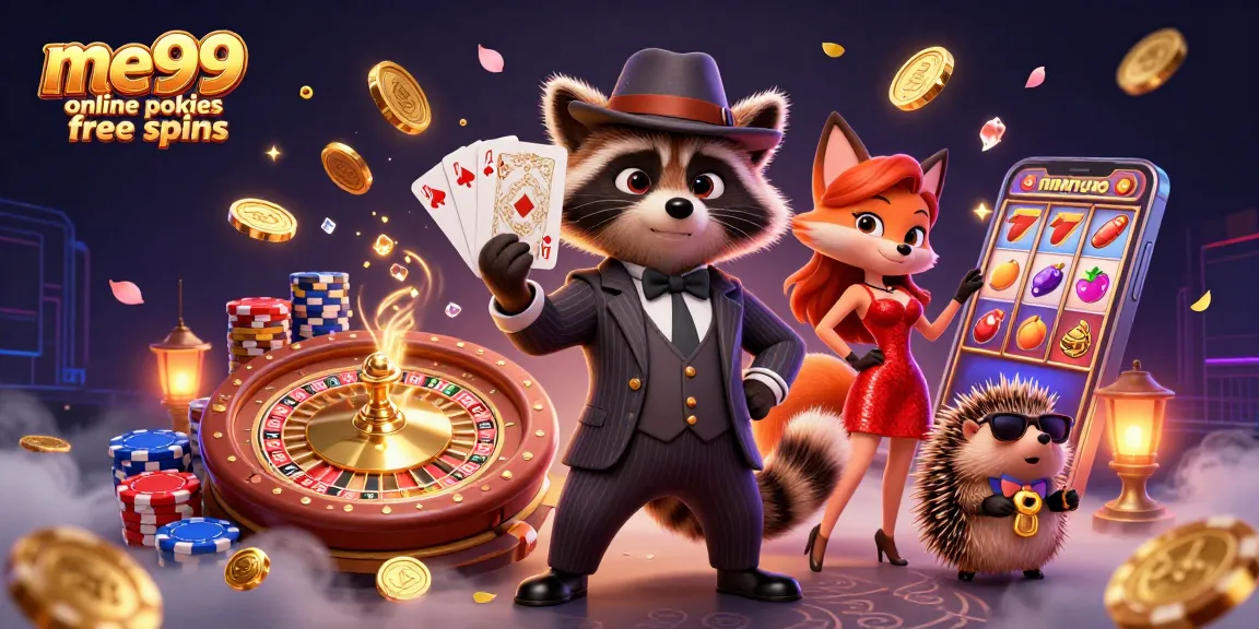 Spin to win with me99 online pokies free spins while enjoying a vibrant casino scene of characters.