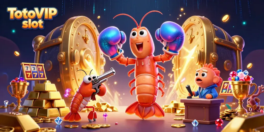 Engage in thrilling action with the vibrant TotoVIP slot featuring a mantis shrimp and treasures in a dynamic casino scene.