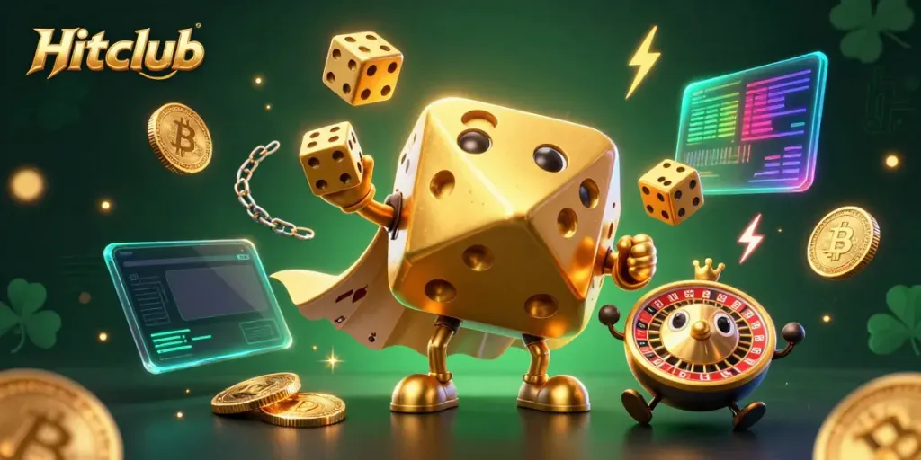 Experience Hitclub's dynamic casino world with a golden dice golem and vibrant crypto elements.