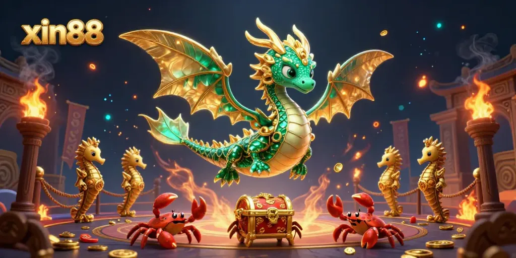 Experience thrilling adventures with xin88's vibrant sea dragon and treasure, amidst golden casino elements.
