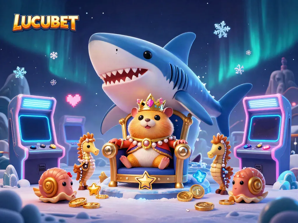 LUCUBET showcases a vibrant 3D illustration with a golden hamster king on a shark tooth throne amidst arcade elements and shimmering effects.