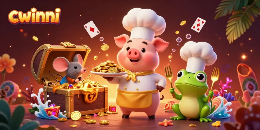 Experience thrilling gaming at Cwinni with a 3D rich casino-themed digital illustration featuring exciting elements and characters.