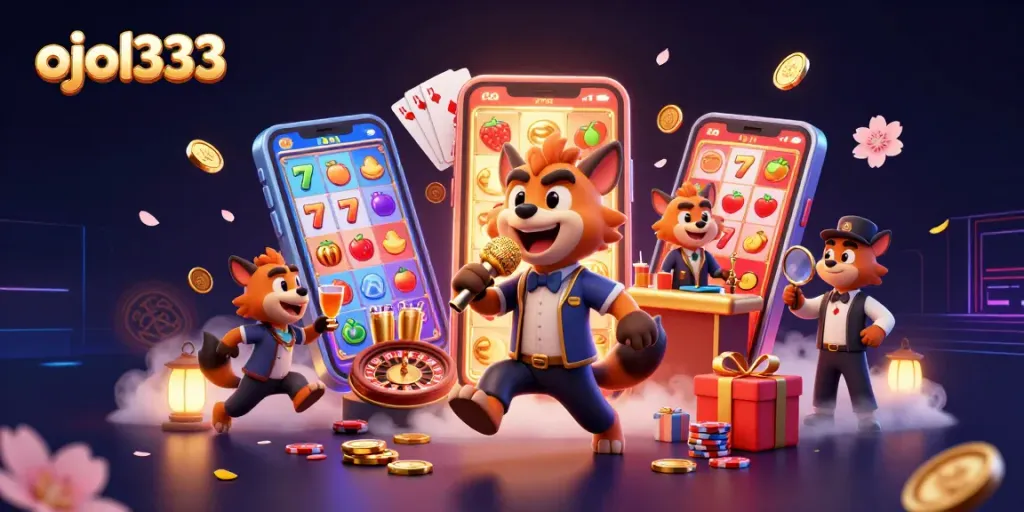 Engage with ojol333 in a vibrant comedy casino scene featuring hyenas in action with dynamic gaming elements.