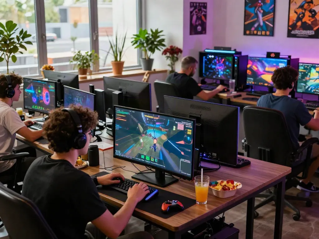 Exciting gaming scene with diverse friends enjoying rokok88 platform together.