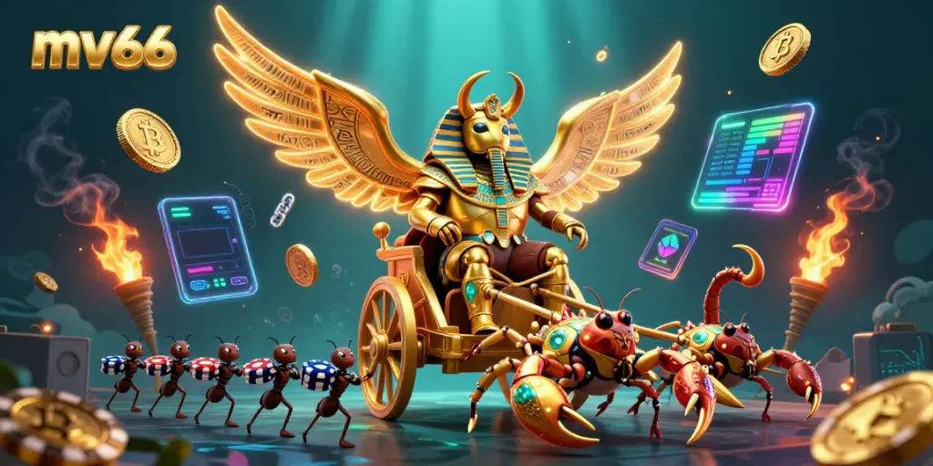 Experience exciting MV66 casino adventures with cartoon characters and vibrant game elements.