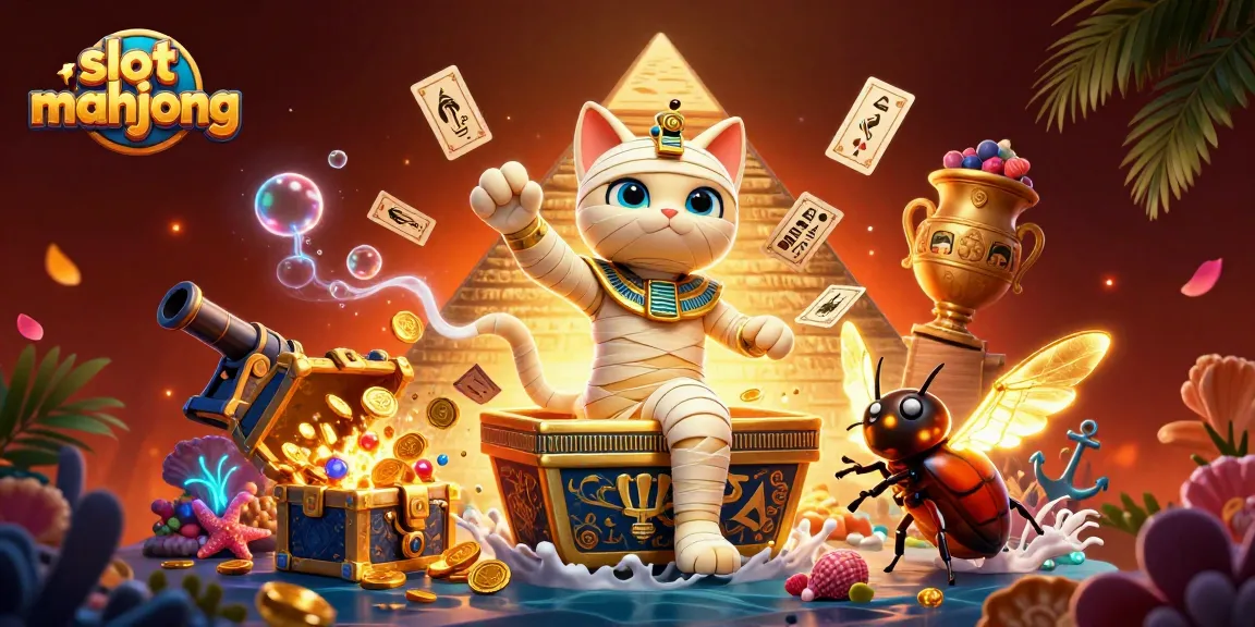 Bermain slot mahjong dengan karakter mummy kucing yang menarik di kasino, mengumpulkan koin emas yang berkilauan.