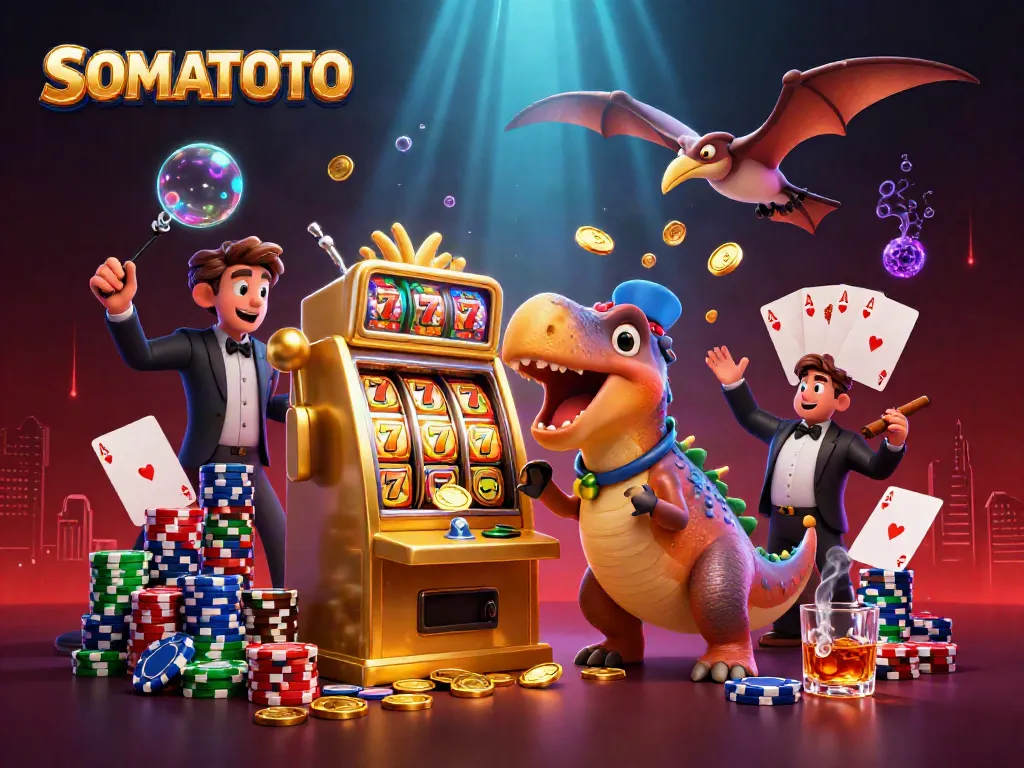SOMATOTO characters celebrating a jackpot win with flying coins and a golden slot machine.
