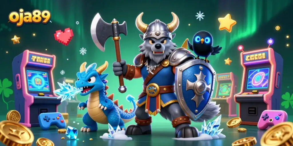 Jelajahi fitur menarik oja89 dengan ilustrasi dinamis kanser, naga, dan penguin imut dalam permainan kasino.