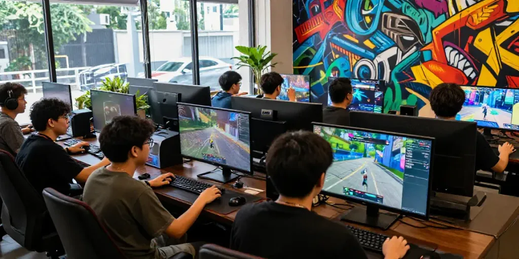 Vibrant urban music and gaming culture scene at https://jakartabeat.net with people enjoying interactive experiences