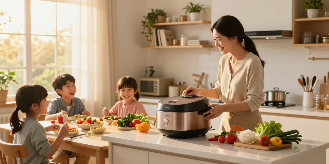 Mother using a rice cooker in a warm kitchen filled with fresh ingredients.