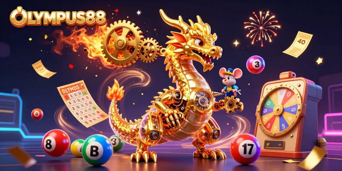 OLYMPUS88 menyuguhkan ilustrasi kasino 3D yang memukau dengan naga emas dan elemen permainan lotere.