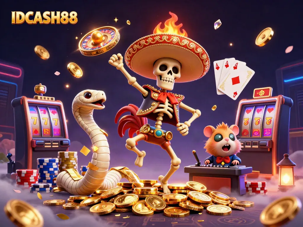 Experience winning with IDCASH88 as a vibrant cartoon scene presents fun, festive characters enjoying the thrill of casino games.