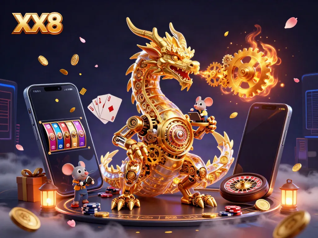 Engage with XX8's thrilling gameplay, featuring a golden dragon and dynamic slot game elements.