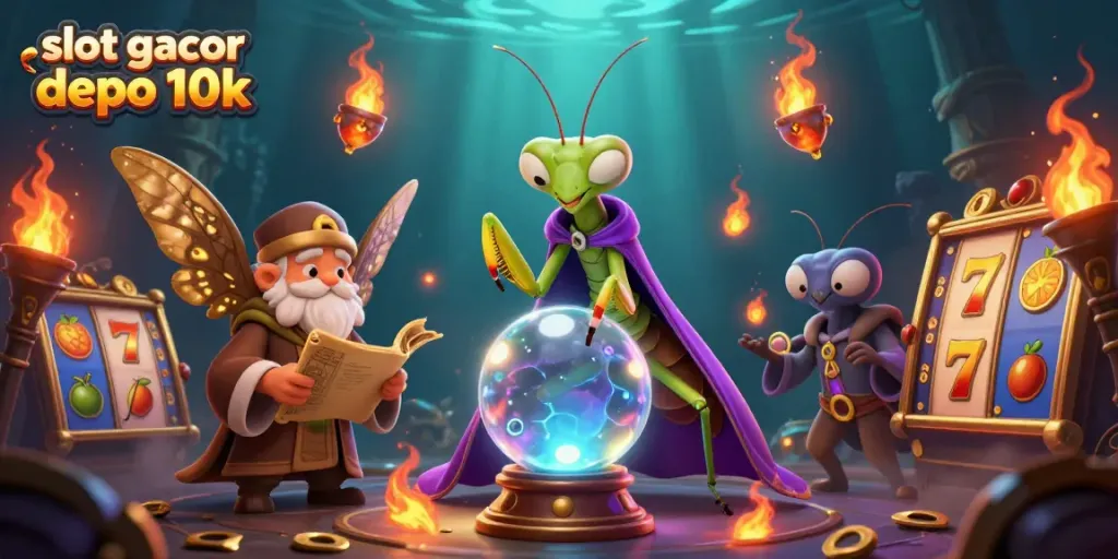 Slot gacor depo 10k menampilkan gulungan slot, karakter mistis, dan efek cahaya dramatis dalam ilustrasi.