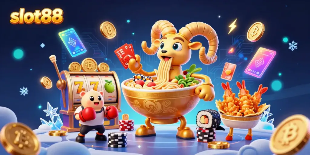 Experience the excitement of slot88 with a fun 3D casino scene featuring vibrant characters and symbols.