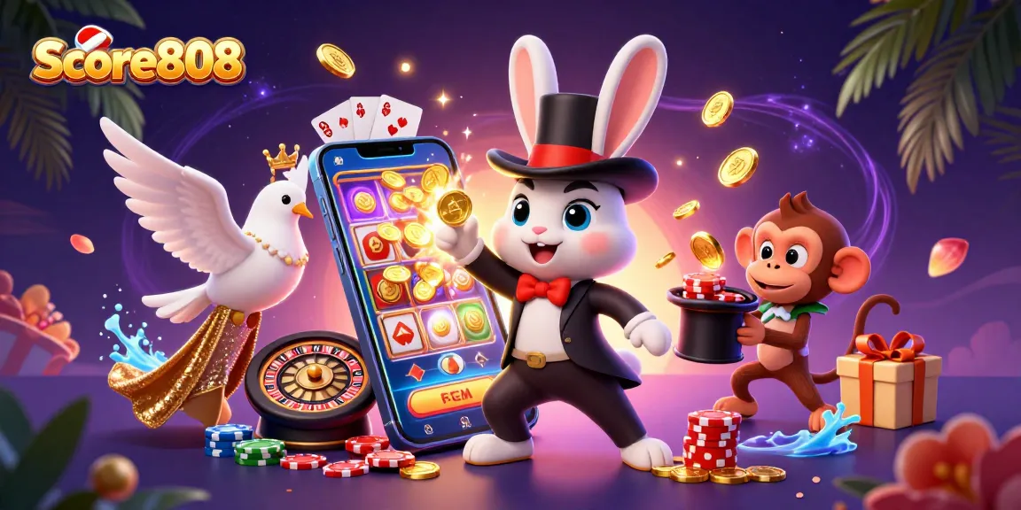 Score808 captivates viewers with a magic rabbit, dove, and monkey amidst vibrant casino elements.