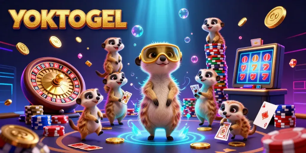 Experience excitement with YOKTOGEL as meerkats run a vibrant casino filled with golden coins and poker chips.