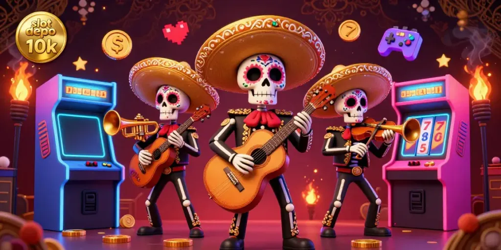 Slot depo 10k dengan band mariachi kerangka dan mesin permainan yang khusyuk.