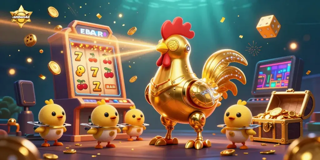 Experience thrilling jackpots with ambon4d's colorful slot machine and dynamic characters like the golden rooster robot.