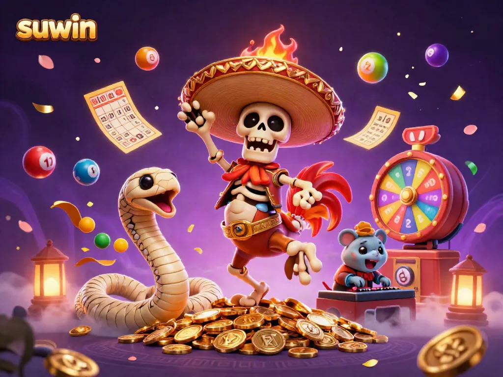 Suwin brings excitement to life with a vibrant scene filled with animated characters dancing amid colorful lottery elements in a casino environment.