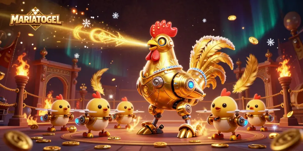 MARIATOGEL’s vibrant 3D illustration showcases thrilling betting with golden rooster robot and baby chick drones.