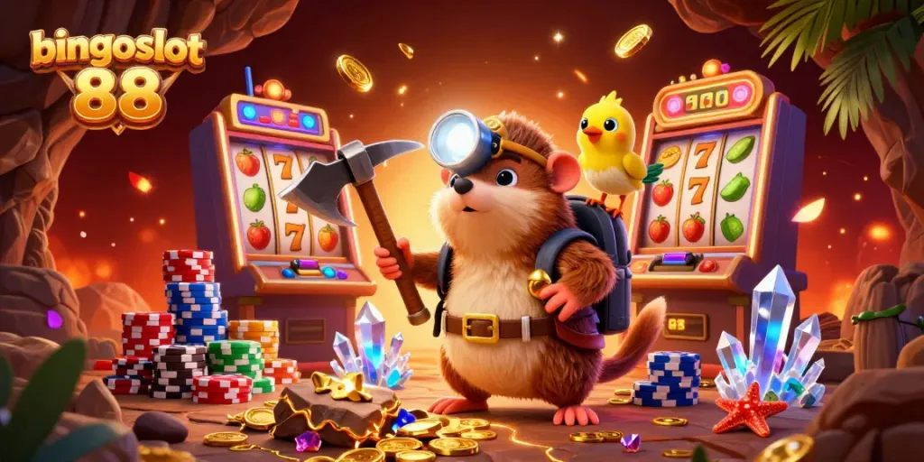 Bermain dengan keseruan bingoslot 88, karakter pemandu bertema kasino dengan simbol keberuntungan dan harta karun.