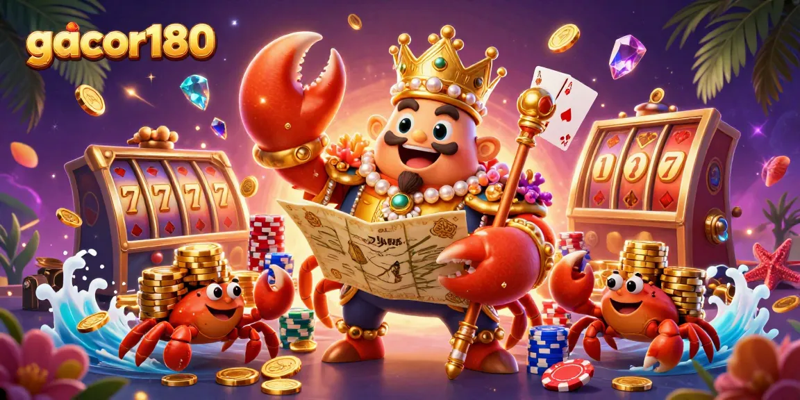 Gacor180 menghadirkan ilustrasi 3D kartun dengan kepiting emas raksasa dan elemen permainan kasino untuk menarik pemain.